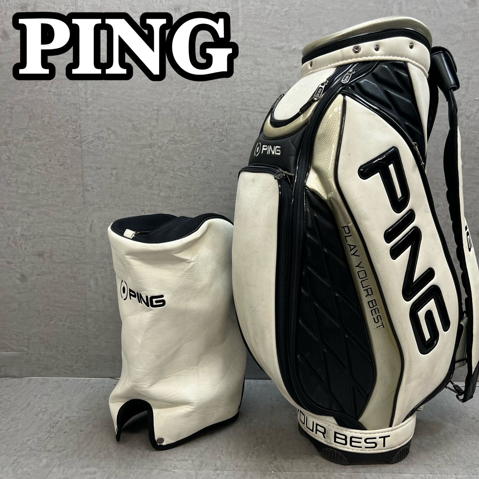 PING ゴルフ用 3点式キャディバッグ カート式 約9型 合成皮革 ホワイト