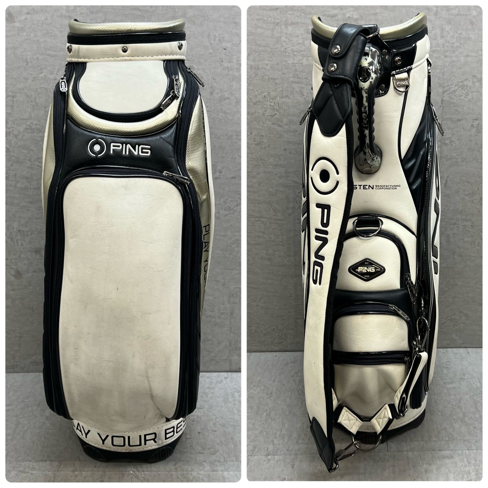 PING ゴルフ用 3点式キャディバッグ カート式 約9型 合成皮革 ホワイト