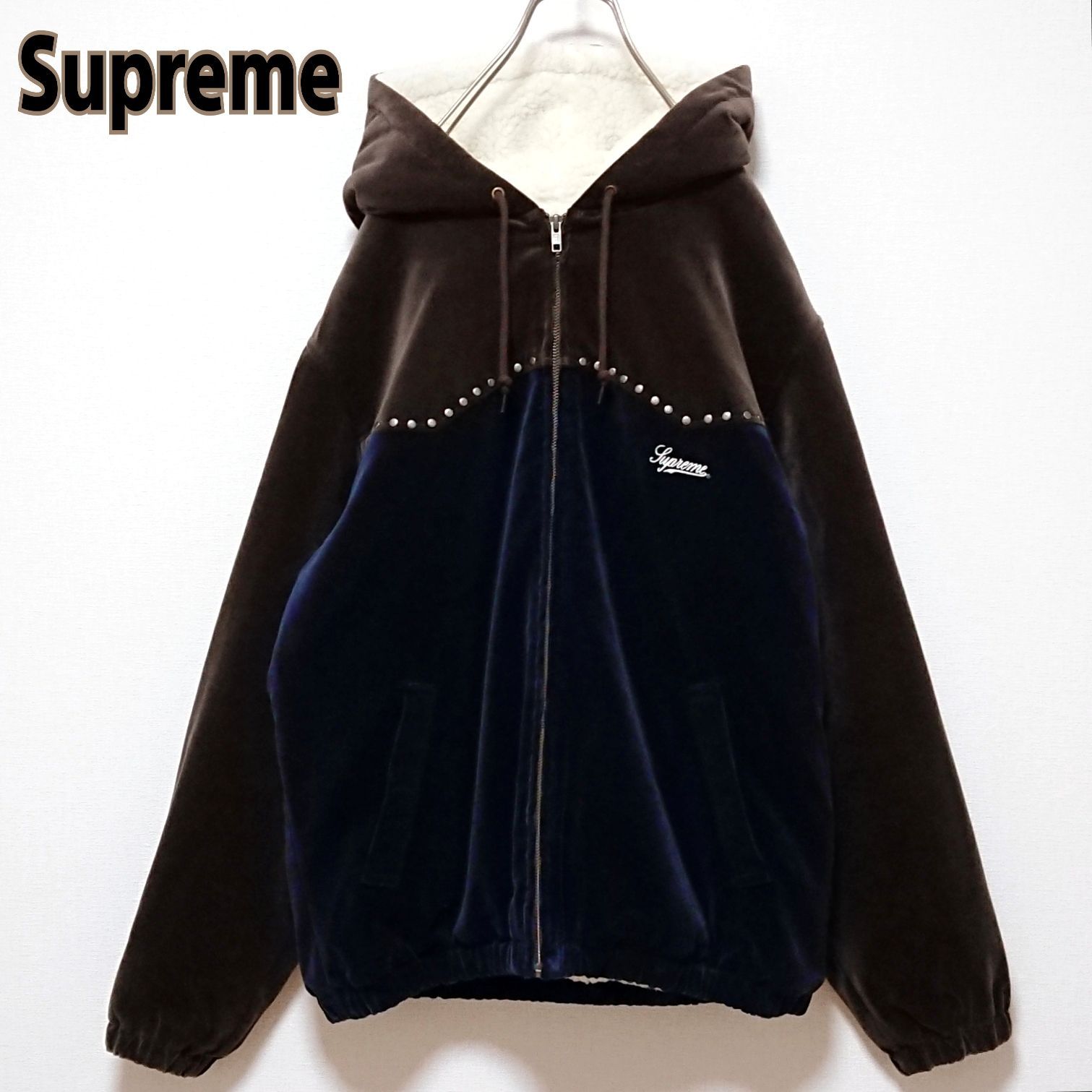 【超人気デザイン】シュプリーム☆刺繍ロゴ ベロアジップジャケット L 黒 希少 シュプリーム 刺繍 ロゴ スタッズ 裏ボア ジップ ベロア