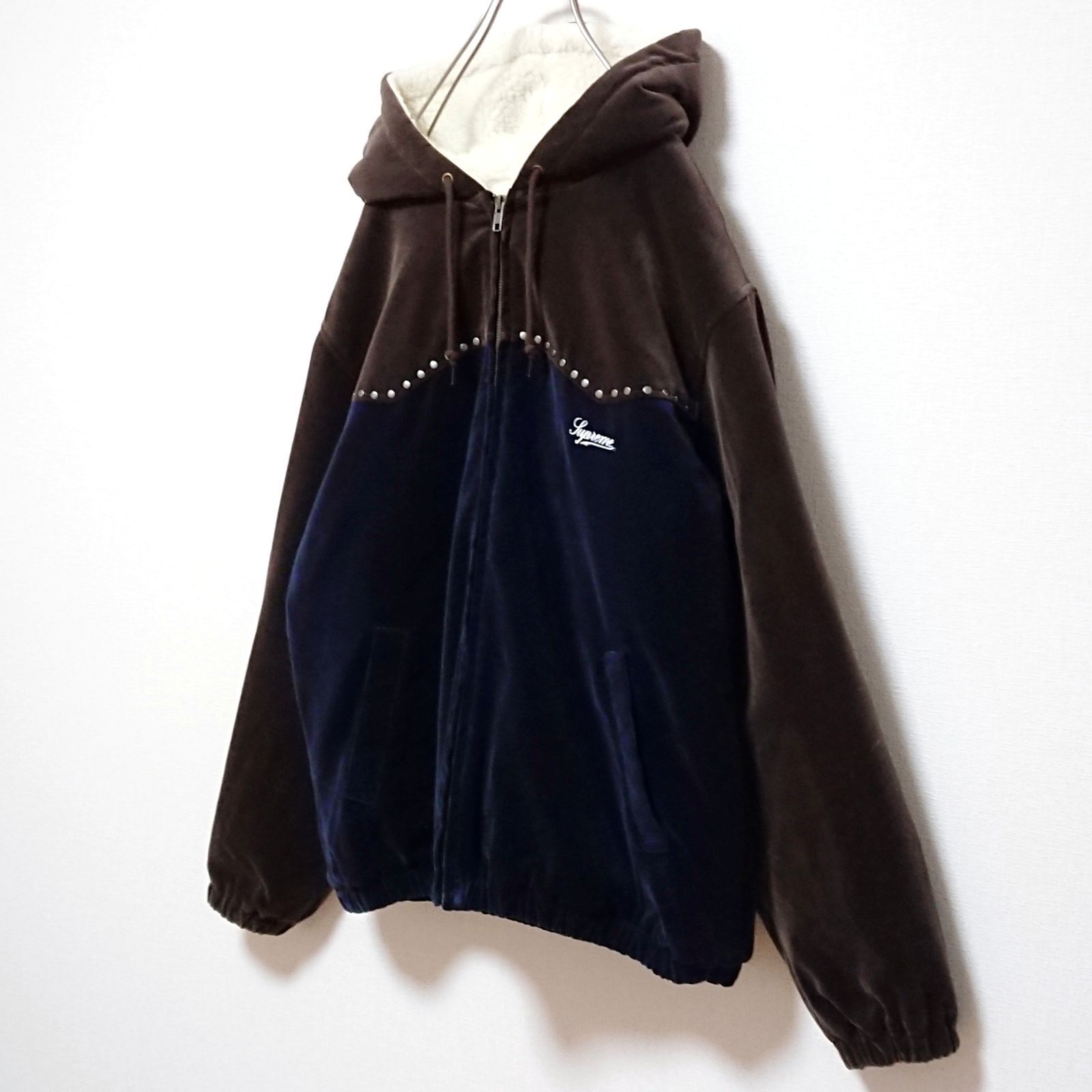 希少 シュプリーム 刺繍 ロゴ スタッズ 裏ボア ジップ ベロア