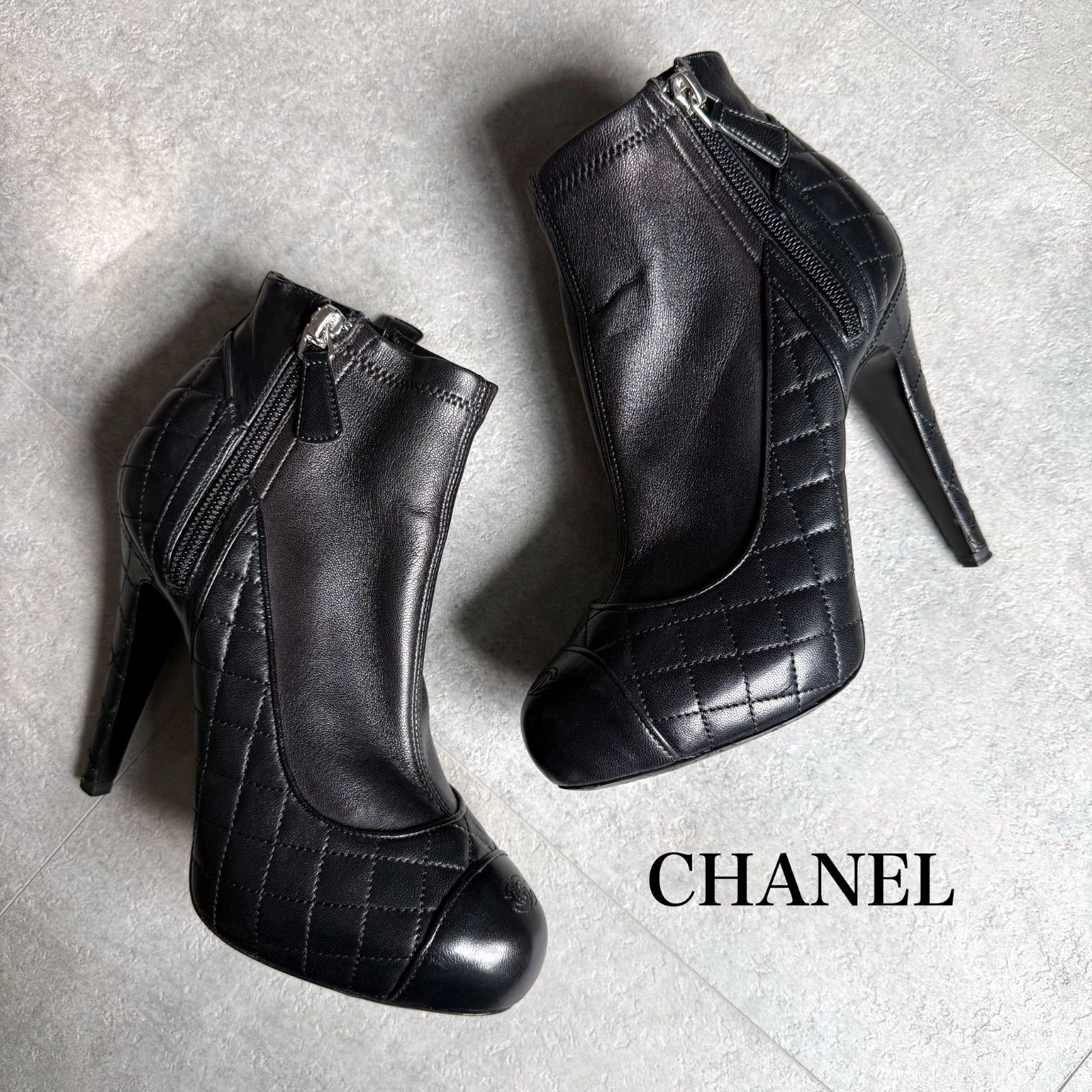 美品 CHANEL シャネル マトラッセ ココマーク レザー ショートブーツ