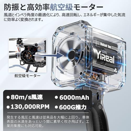 YIREAL 2025改良強化版 洗車 ブロワー 強力 ブロアー 充電式 エアーブロアー 航空級モーター 無段階変速 600 g超強推力 80 m s 大風速 75 db超低騒音 LEDライト付き 3000 mAhバッテリ一 26 c 48443
