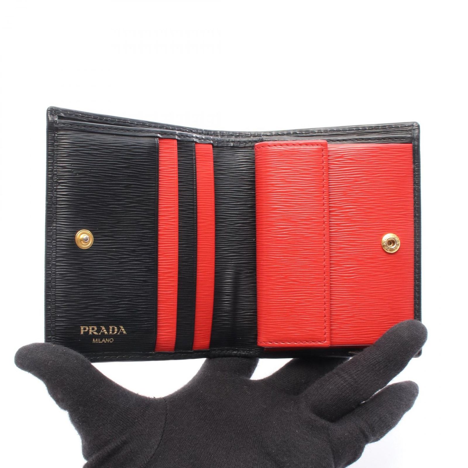 プラダ PRADA 二つ折り財布 ロゴ ブラック/レッド レザー 二つ折り財布