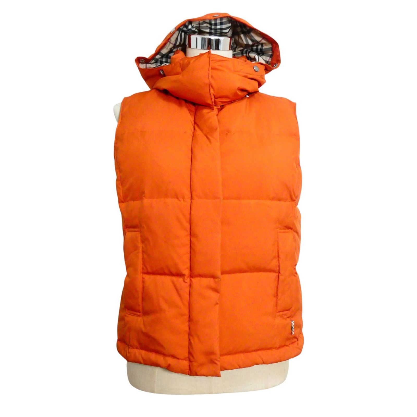 Burberryオレンジ ダウンベスト ファー付き BURBERRY LONDON バーバリーロンドン 裏地ノバチェック柄 2WAY フード