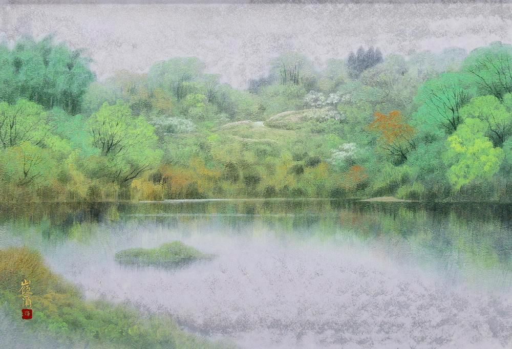 真作】【WISH】久保嶺爾「緑風」日本画 20号 大作 金落款 共シール