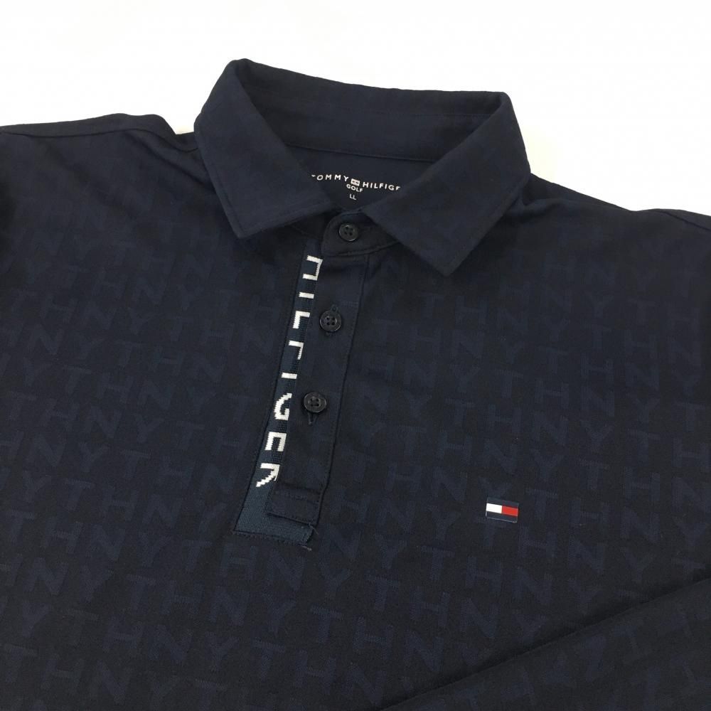 超美品】トミーヒルフィガー 長袖ポロシャツ ネイビー ロゴ総柄地模様