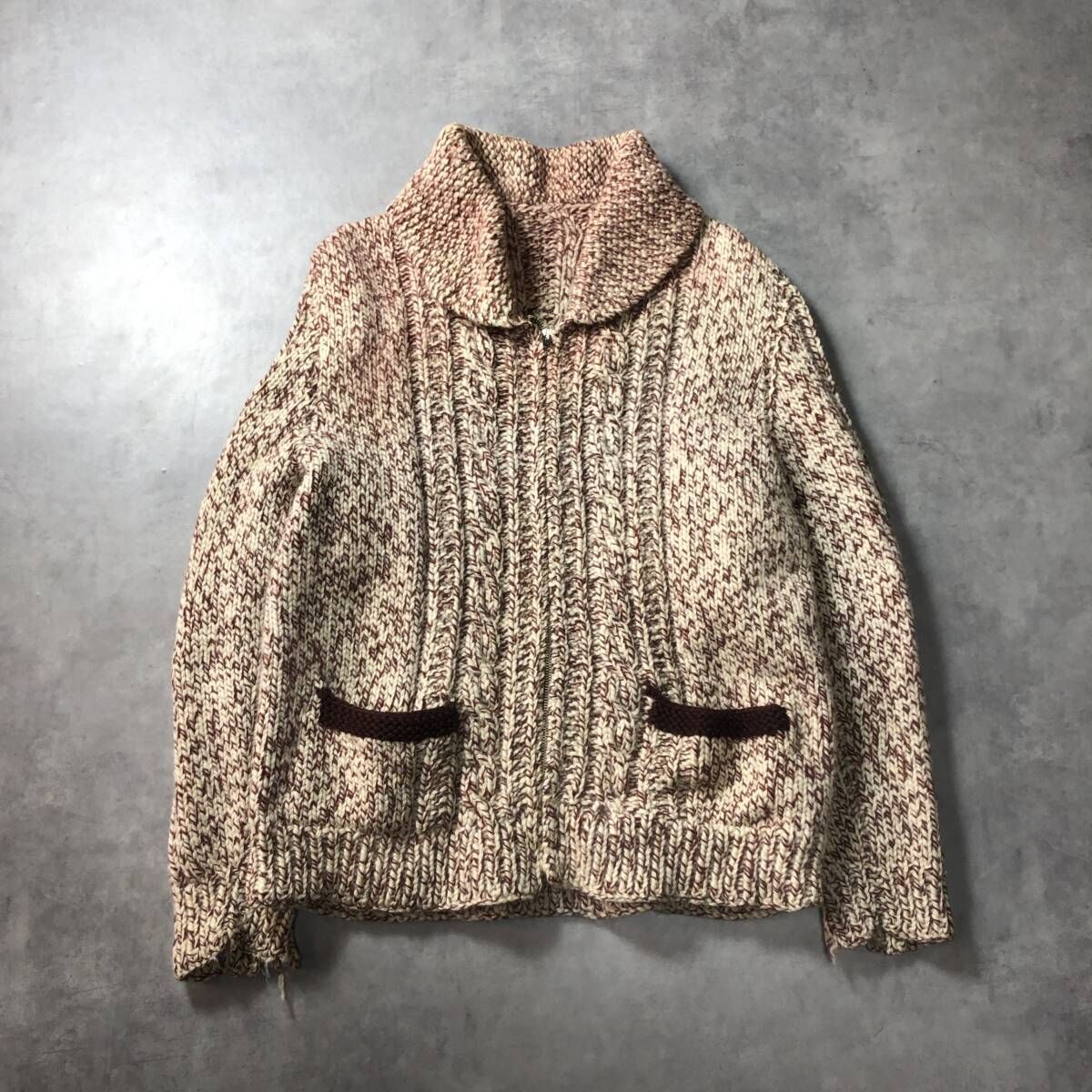 GQ4610◇US古着 : 60′s‐70's カウチンニット LIGHTNINGジッパー◇L