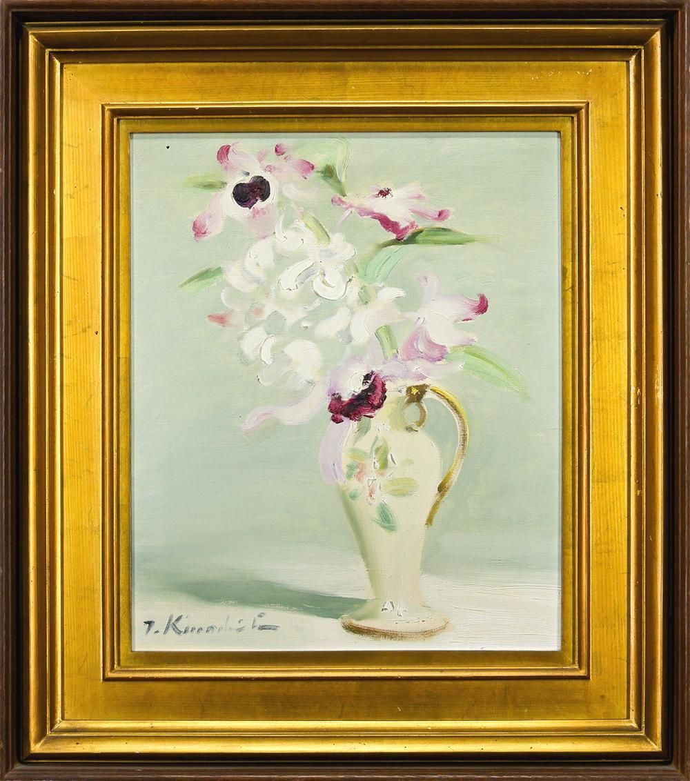 真作】【WISH】木下孝則 油彩 8号 ◇軽やかな筆致・花瓶に蘭花 〇物故
