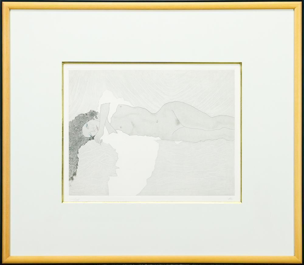真作】【WISH】加山又造「横になる裸婦(白衣)」銅版画 約6号 証明
