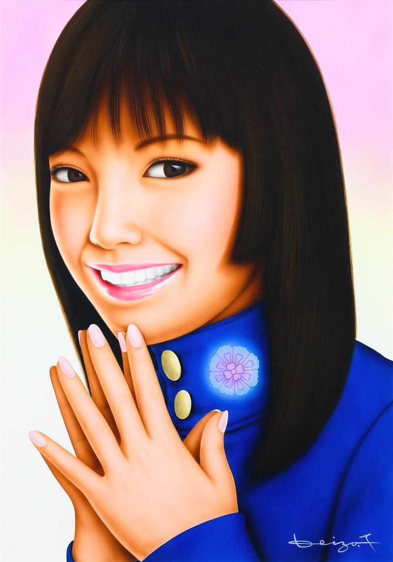 真作】【WISH】塚本馨三 アクリル画 6号 ◇輝く瞳が魅せる可憐な黒髪美