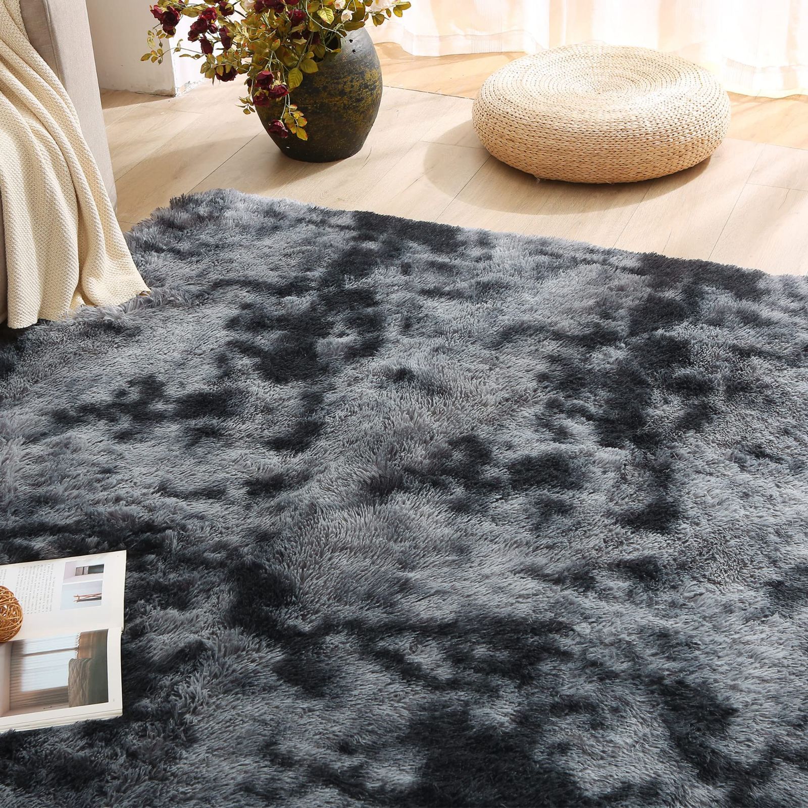 【人気商品】カーペット SUSAN´S GARDEN ラグ ラグマット 滑り止め付き 極厚 毛長 北欧 絨毯 抗菌 防臭 床暖房対応 7色選べる 1年中使えるタイプ 絞り染めダークグレー160x200cm