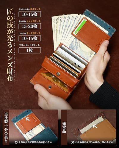 Kawaoto 財布 メンズ 2つ折り プエブロレザー 二つ折り財布 本革 大容量 コンパクト 小さい 箱型財布 左利き 右利き プレゼント 紳士用 赤墨 0 f 31 deaa