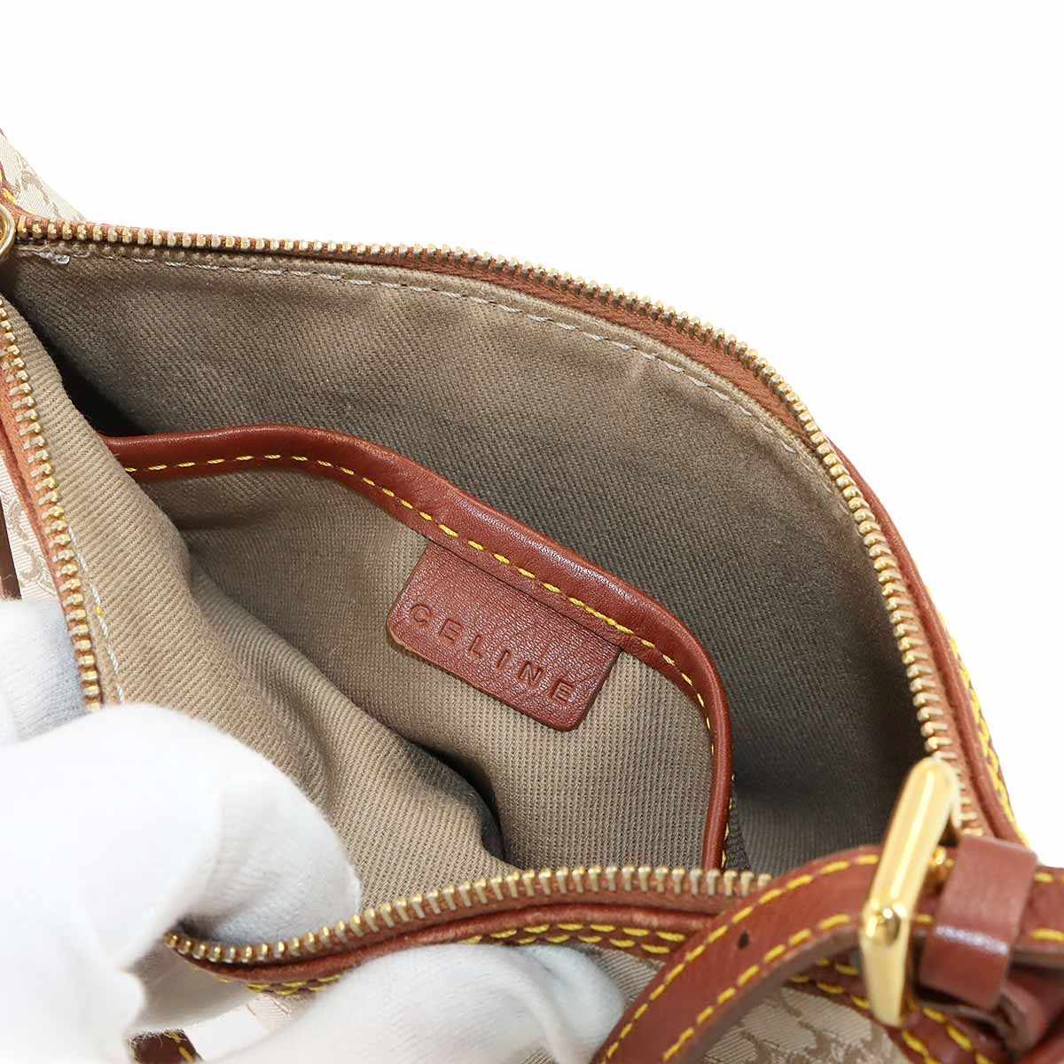 セリーヌ CELINE マカダム ハンド バッグ キャンバス レザー ベージュ  