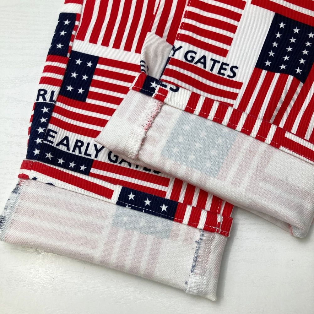 【美品】PEARLY GATES 星条旗 総柄 ストレッチロングパンツ ロゴ刺繍 サイズ：2 PEARLY GATES パーリーゲイツ ストレッチ ロングパンツ