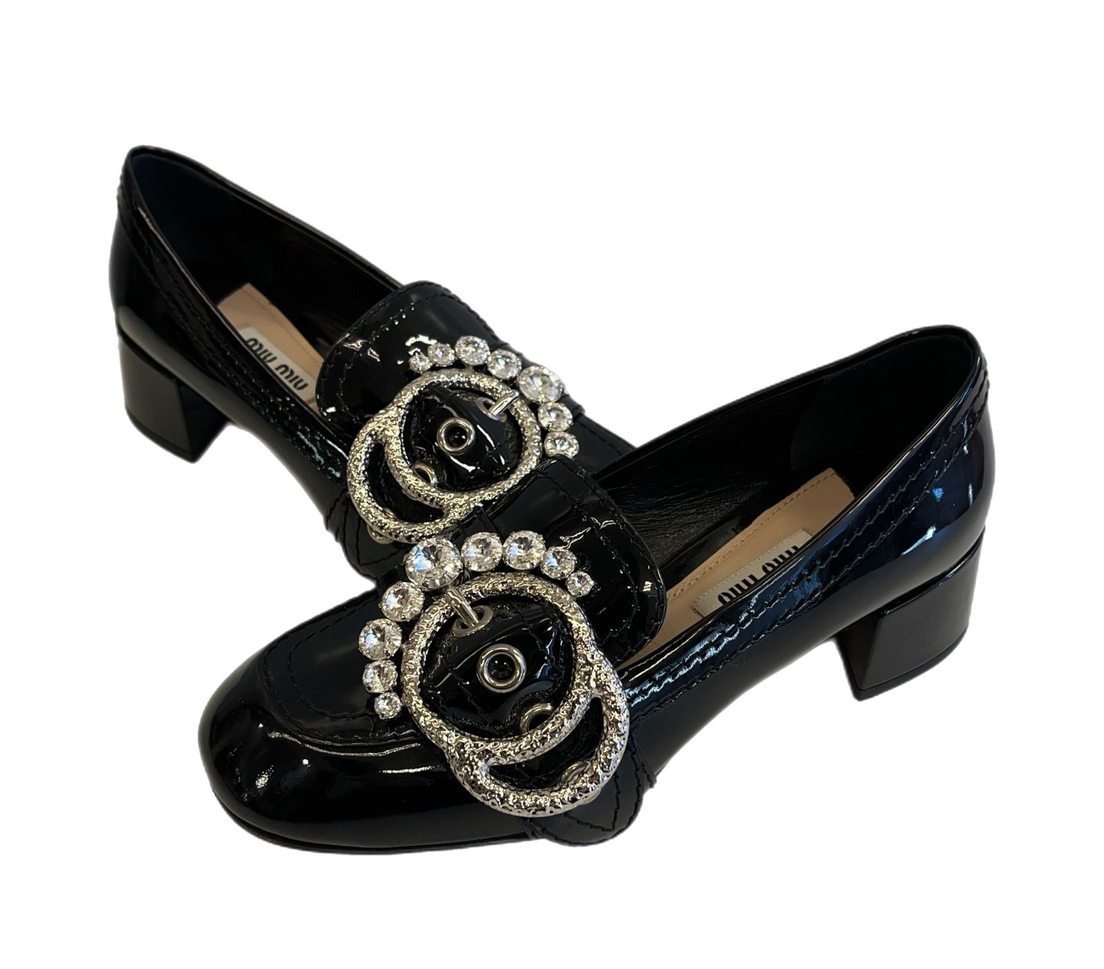 ミュウミュウ miu miu ビジューバックル パテントレザーローファー