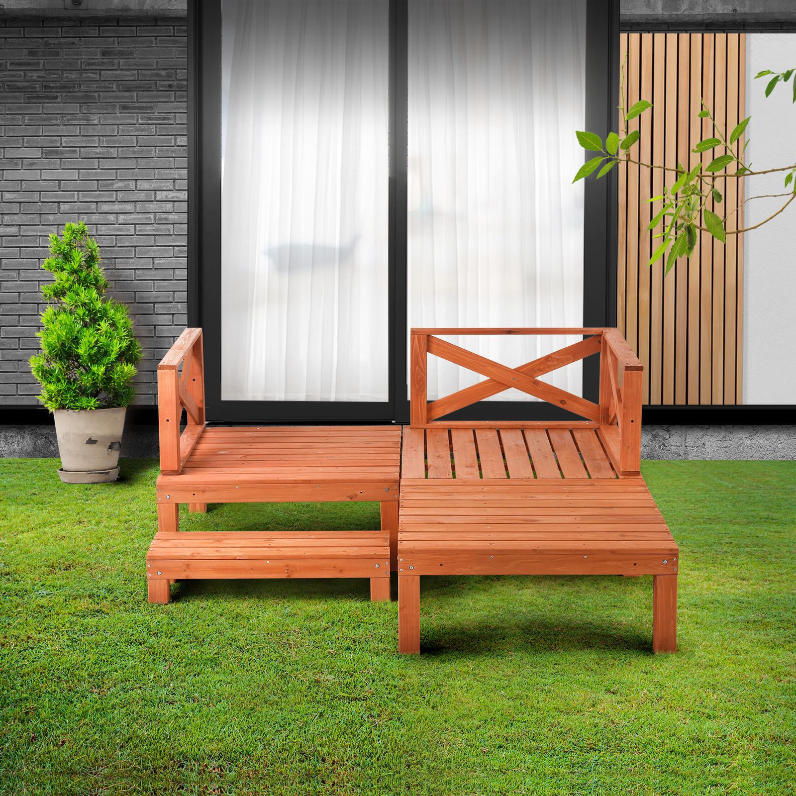 「新入荷」全新品 ウッドデッキ 天然木 キット 7点セット 0.5坪 ウッドパネル 家具ガーデンファニチャーバルコニー ベランダ 踏み台付 北欧 キットウッド 新生活【レッドブラウ 1年保証付き