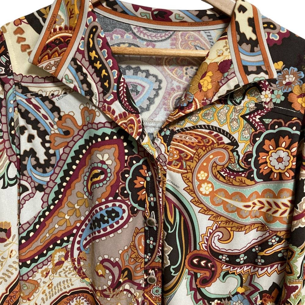 美品 LEONARD レオナール ペイズリー柄 カンカンストレッチ 長袖シャツ