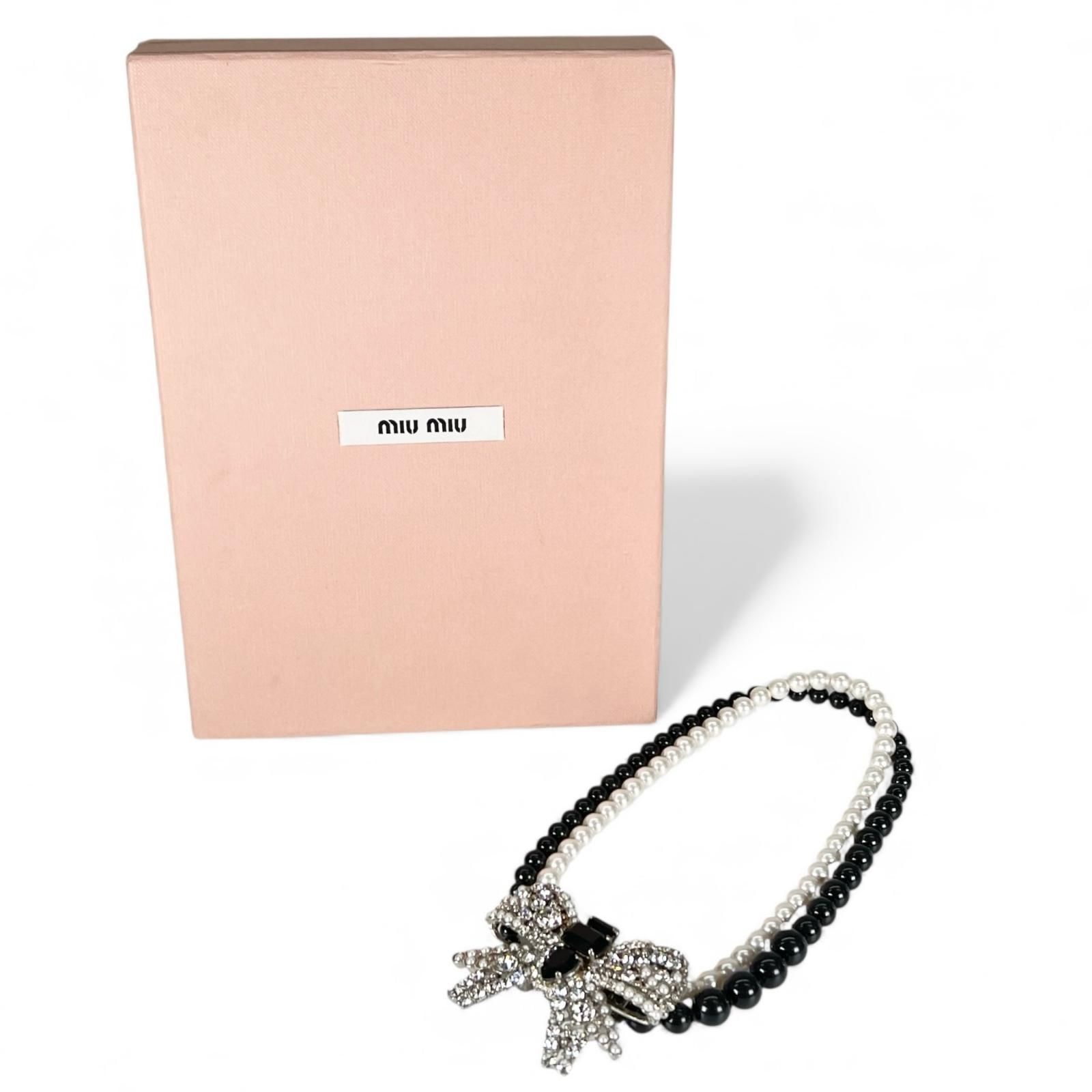 美品△Miu Miu ミュウ ミュウ ビッグリボン ビジュー フェイクパール