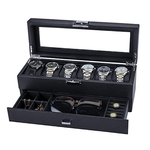 腕時計ケース 6本 腕時計収納ボックス 時計 コレクションケース カーボンファイバー仕上げ 男女兼用 インタリア用 レザー製クッション 鍵付き G 2段式 小物整理 ブラック 0 d 570 e 8 f