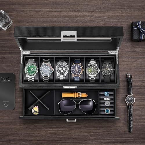 腕時計ケース 6本 腕時計収納ボックス 時計 コレクションケース カーボンファイバー仕上げ 男女兼用 インタリア用 レザー製クッション 鍵付き G 2段式 小物整理 ブラック 0 d 570 e 8 f