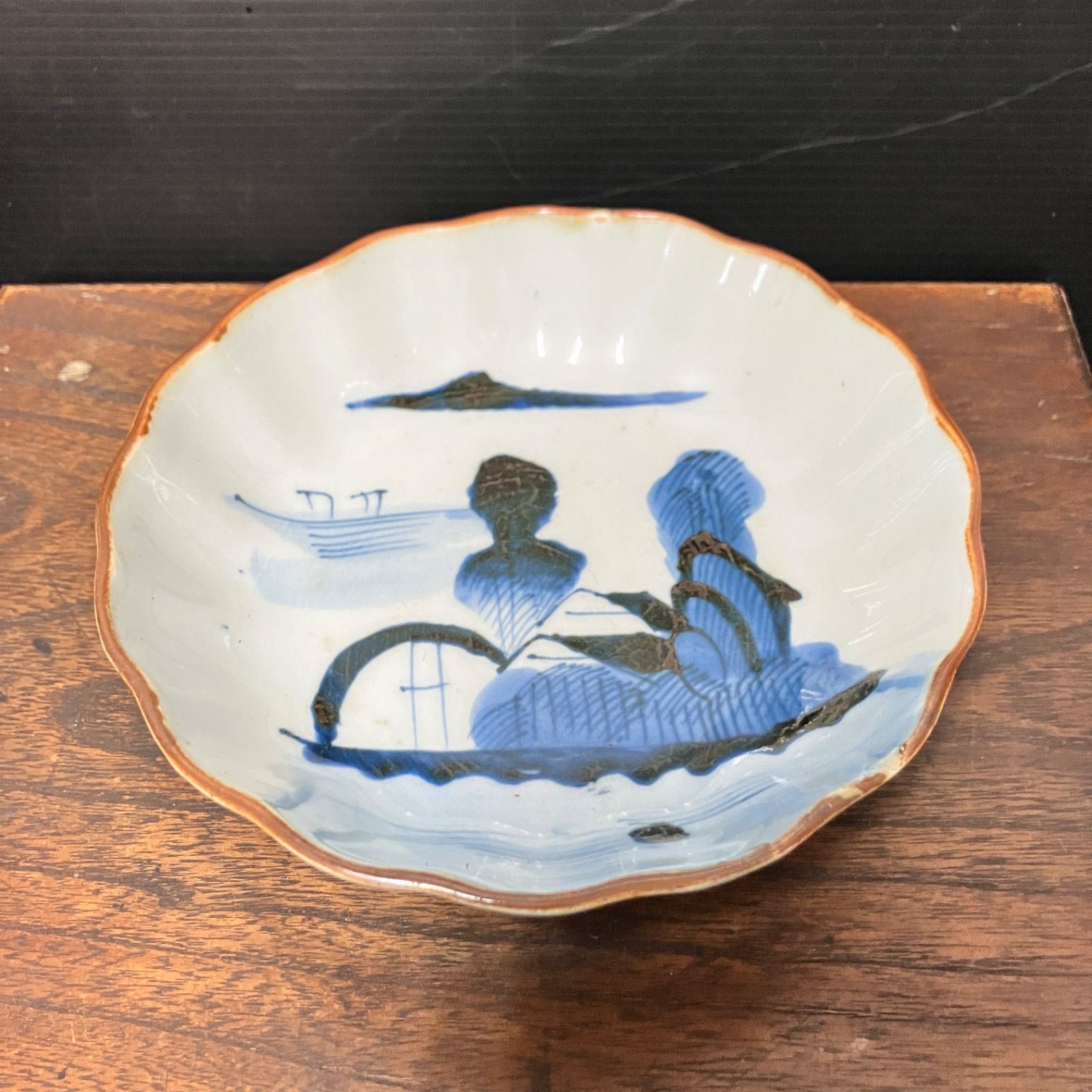 明治期 染付 輪花小鉢 人物山水図 瀬戸美濃 民窯 古道具 向付 |雑貨屋