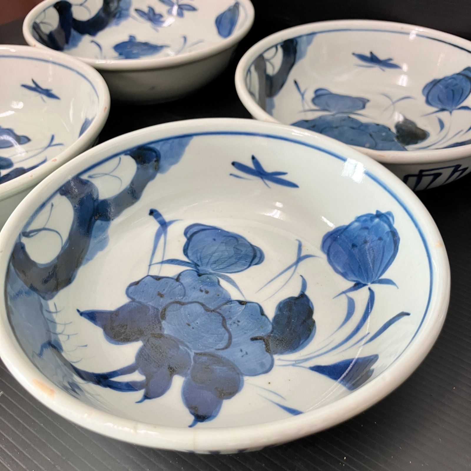 明治期 染付 中鉢 4枚揃 草花文 蜻蛉図 瀬戸美濃 民窯 古道具 |雑貨屋
