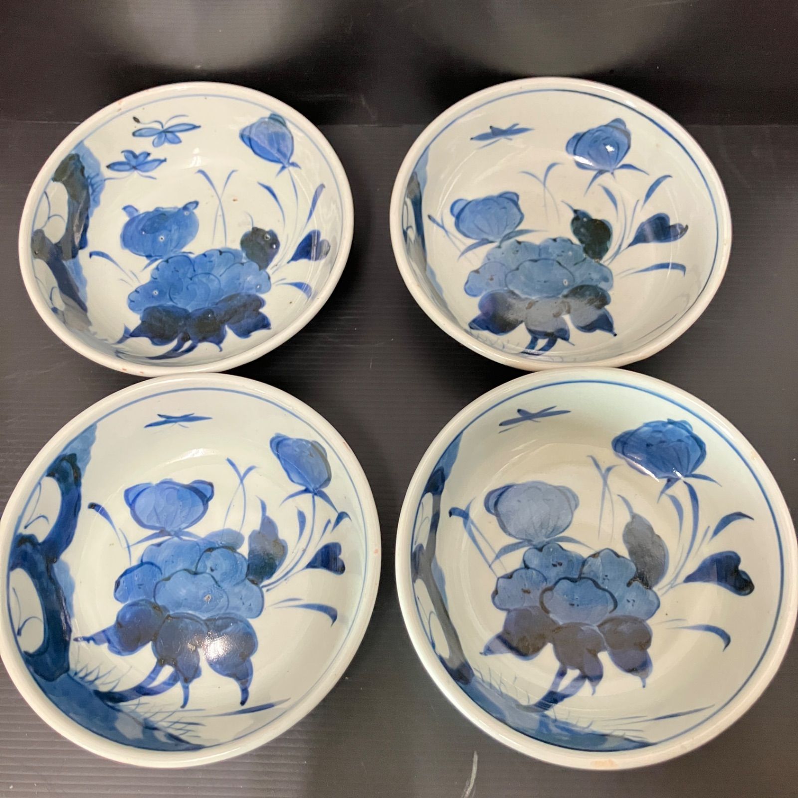 明治期 染付 中鉢 4枚揃 草花文 蜻蛉図 瀬戸美濃 民窯 古道具 |雑貨屋