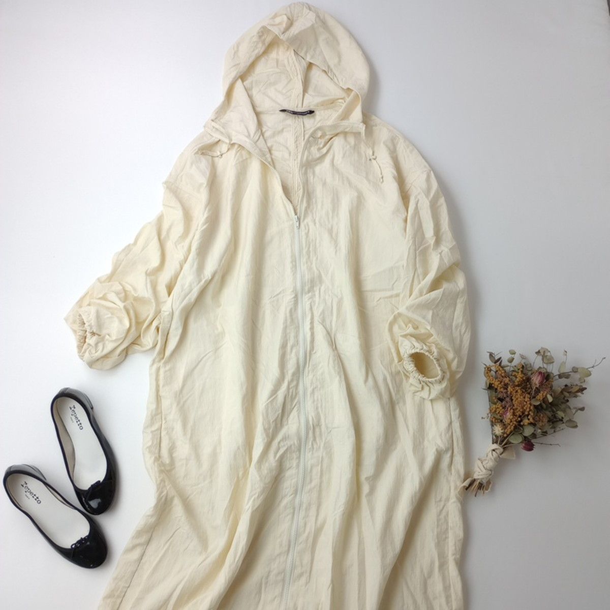 ZARA ザラ ナイロン フーテッドコート ロング マンパ XS-S アイボリー 