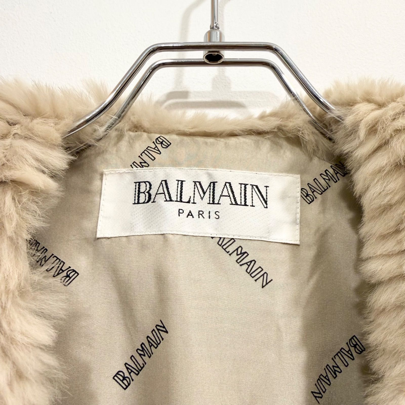 BALMAIN ラビットファーコート シルク リバーシブル ロゴ刺繍　ベージュM ✨激レア✨バルマン ファーコート リバーシブル シルク ブルー