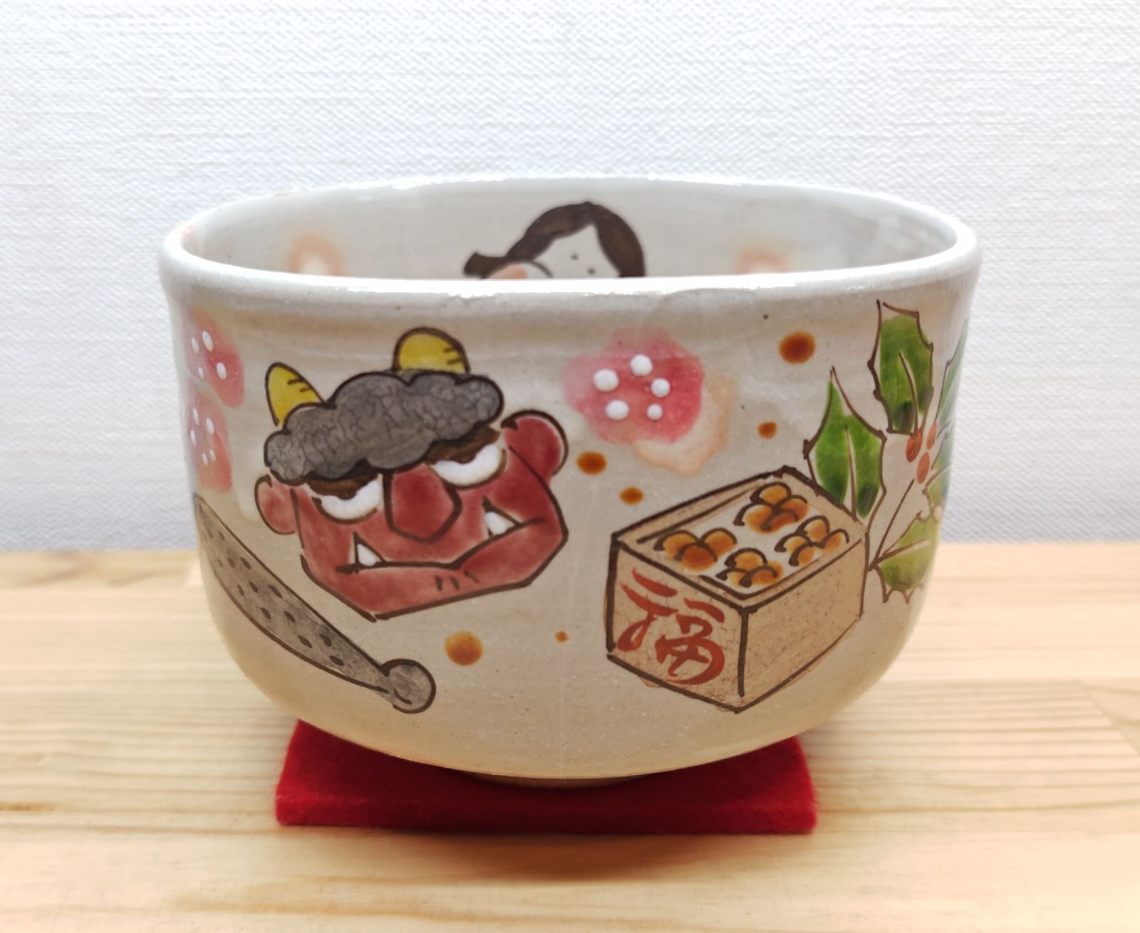 逢絢亭・新品】茶道具 茶碗 京焼 四方形 升形 豆まきの絵 清和窯 紙箱