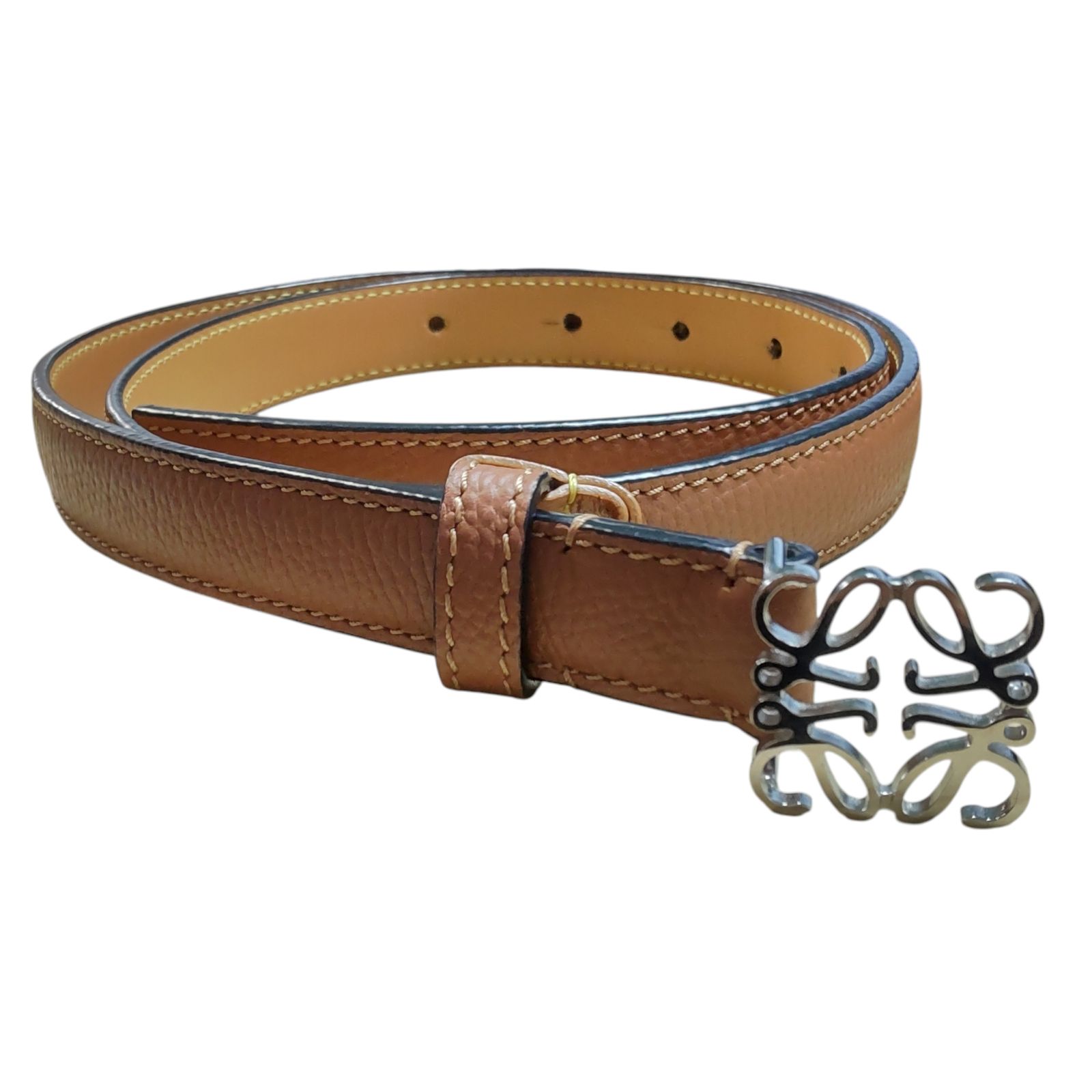 ロエベ　ブラウンレザーベルト ロエベ アナグラム レザー ベルト 85 ブラック×ブラウン Aランクの