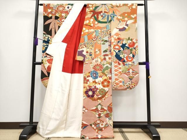 平和屋着物●極上　アンティーク　大正ロマン　振袖　雪輪双鶴花丸文　黒地　金彩　逸品　CYAA4234s6 平和屋着物○極上 アンティーク 大正ロマン 振袖 雪輪双鶴花丸文 黒地