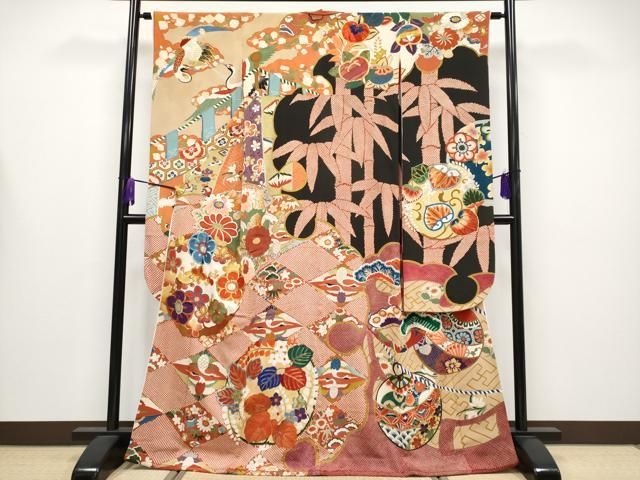 平和屋着物●極上　アンティーク　大正ロマン　振袖　雪輪双鶴花丸文　黒地　金彩　逸品　CYAA4234s6 平和屋着物○極上 アンティーク 大正ロマン 振袖 雪輪双鶴花丸文 黒地