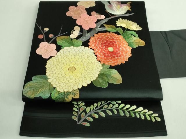♡愛らしい手刺繍のアンティーク名古屋帯♡黒地に鳩、つつじの花　大正ロマンレトロ セール アウトレットファッション - ♡愛らしい手刺繍のアンティーク