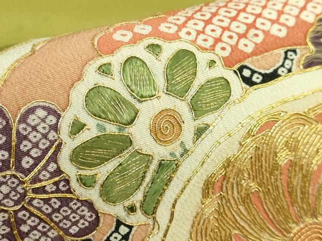大正ロマン 丸帯 総手刺繍 駒刺繍 枝花文 金糸 引き抜き帯 正絹 逸