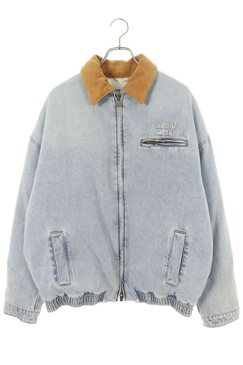 ミュウミュウ GWB221 ユーズド加工ロゴ刺繍中綿デニムブルゾン