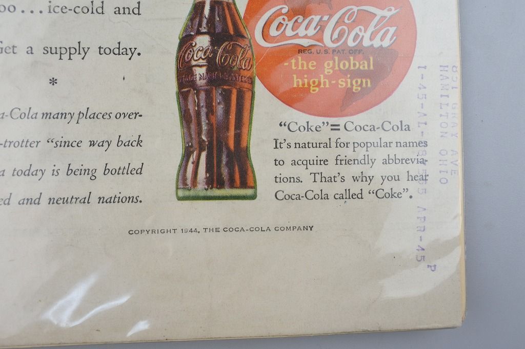 ビンテージ】1944's アメリカ コカコーラ雑誌切り抜き広告 オリジナル_