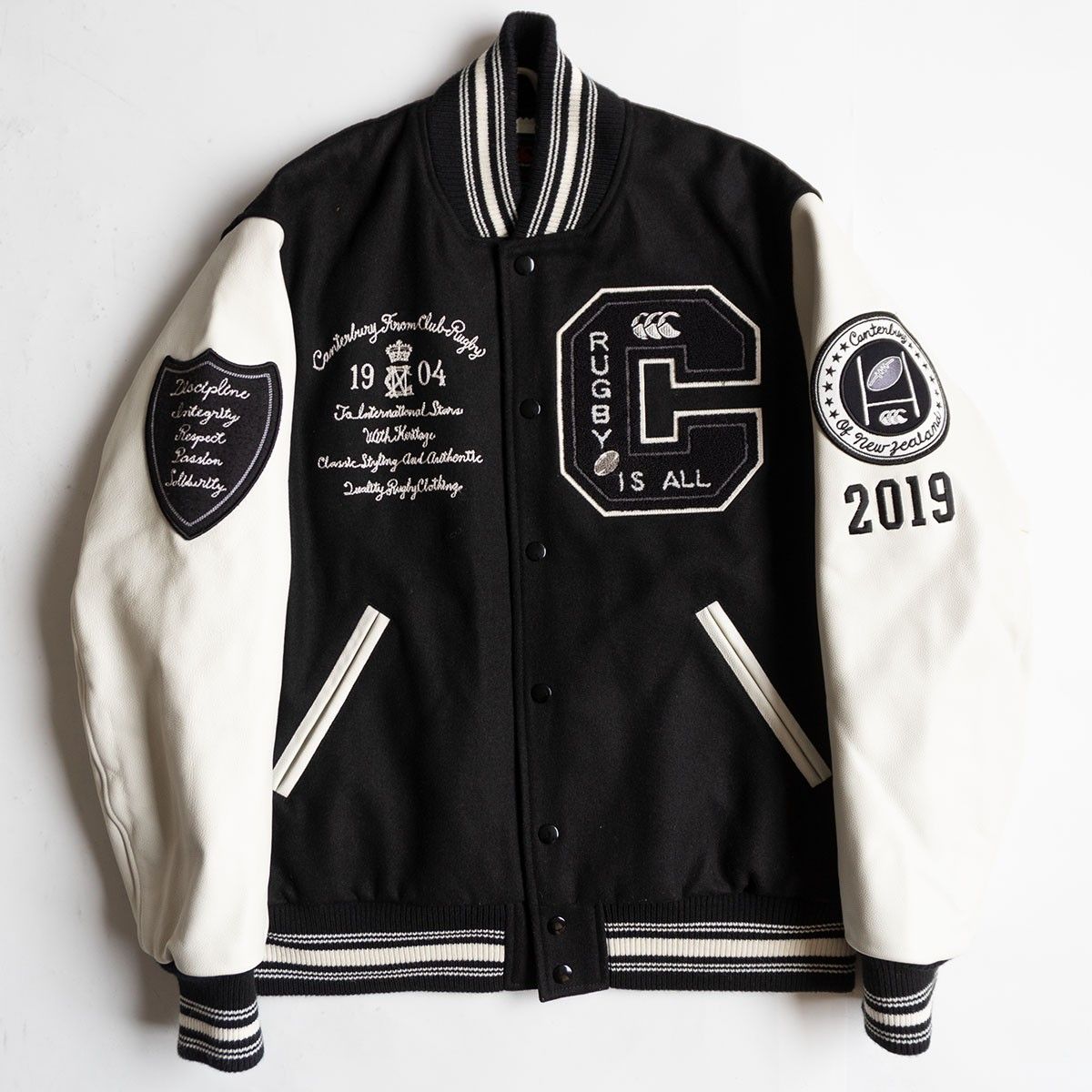 美品】CANTERBURY【フルデコ レザー スタジャン】L ウール ワッペン