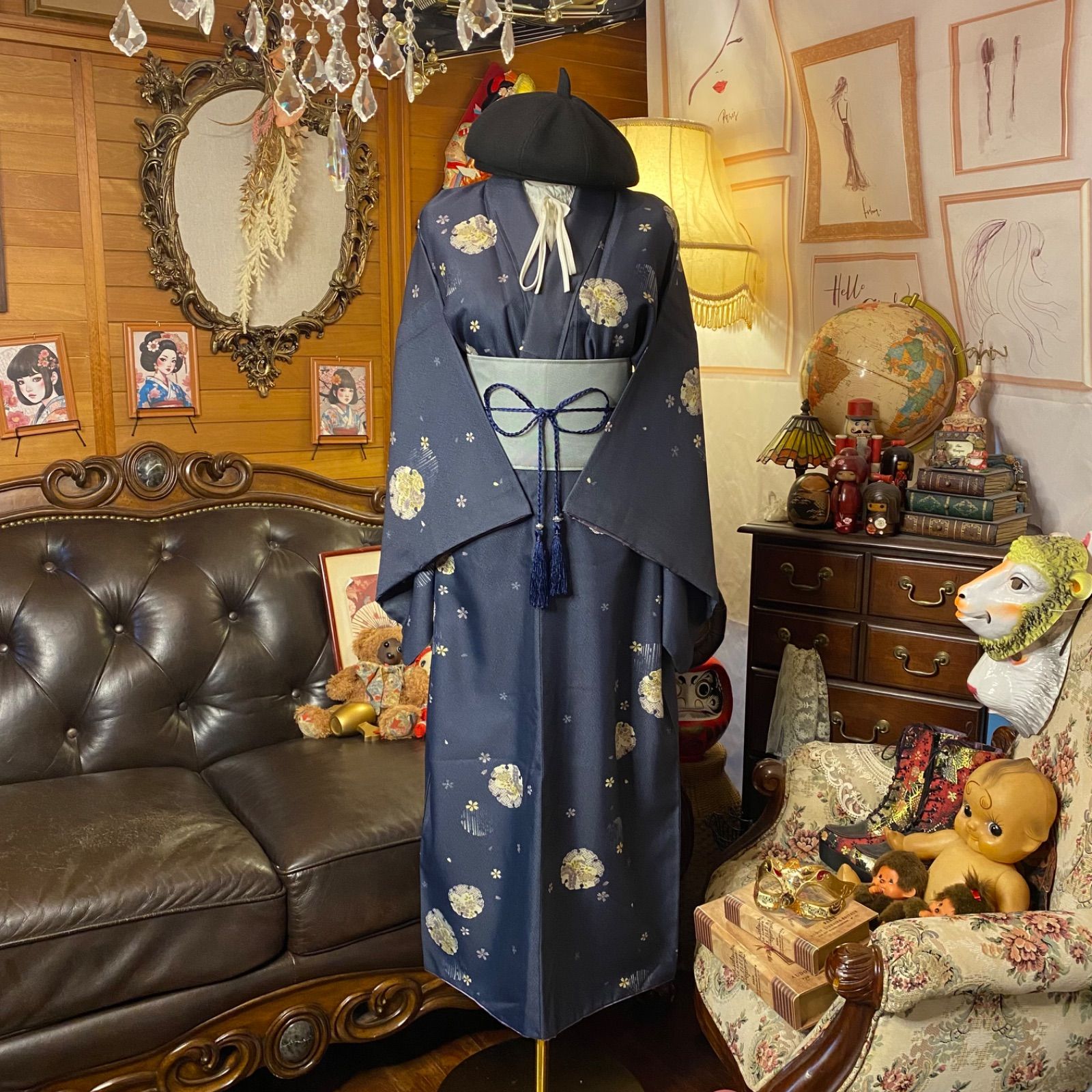 着物リメイク ロング ワンピース／ドレス／洗える化繊 帯サッシュ