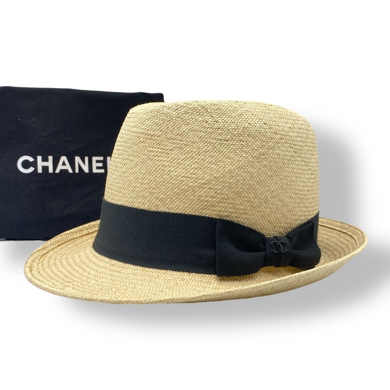 新品同様 CHANEL シャネル 帽子 麦わら帽子 ココマーク リボンストロー