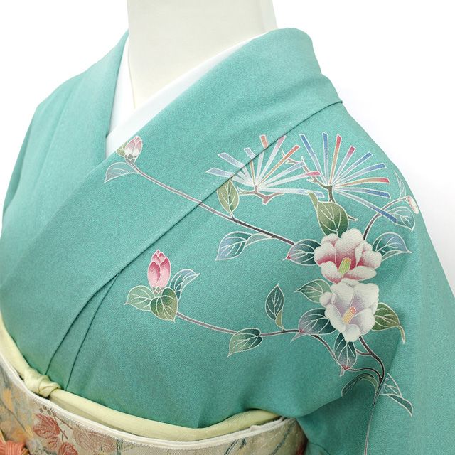 新古品】 訪問着 着物 未使用 正絹 袷 手描き友禅 本加工 ターコイズ