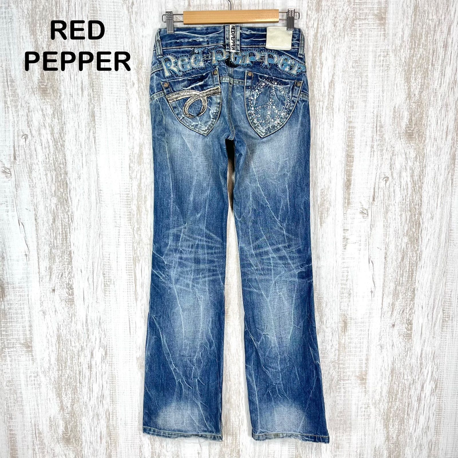 未使用　レッドペッパー デニム フレア　27 青　タグ付き ダメージ加工 美脚 RED PEPPER レッドペッパー ロゴ刺繍 スタッズ ダメージ加工 ブーツ