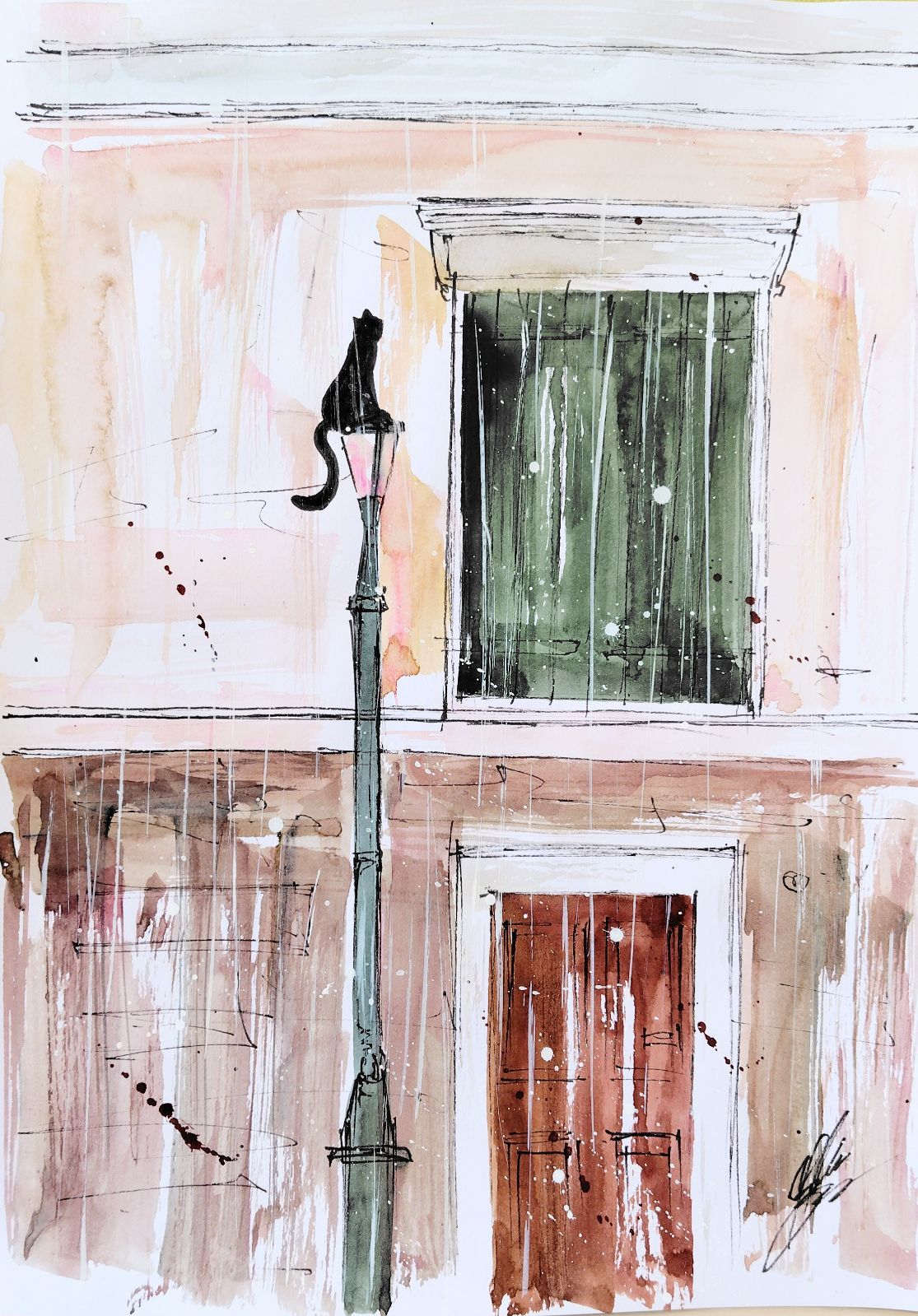 原画#276 黒猫 雨 ベネチア イタリア 水彩画 ドローイング インテリア