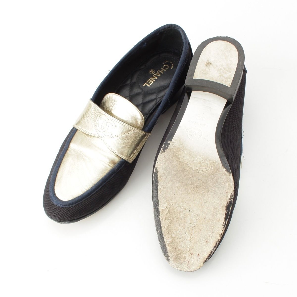 シャネル メッシュ レザー ココマーク フラット シューズ 靴 ブラック