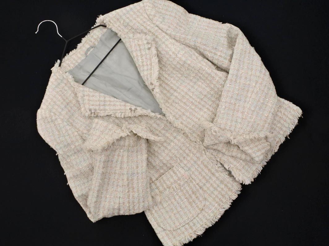 ANAYI アナイ ツイード フリンジ ノーカラー ジャケット size38/白x
