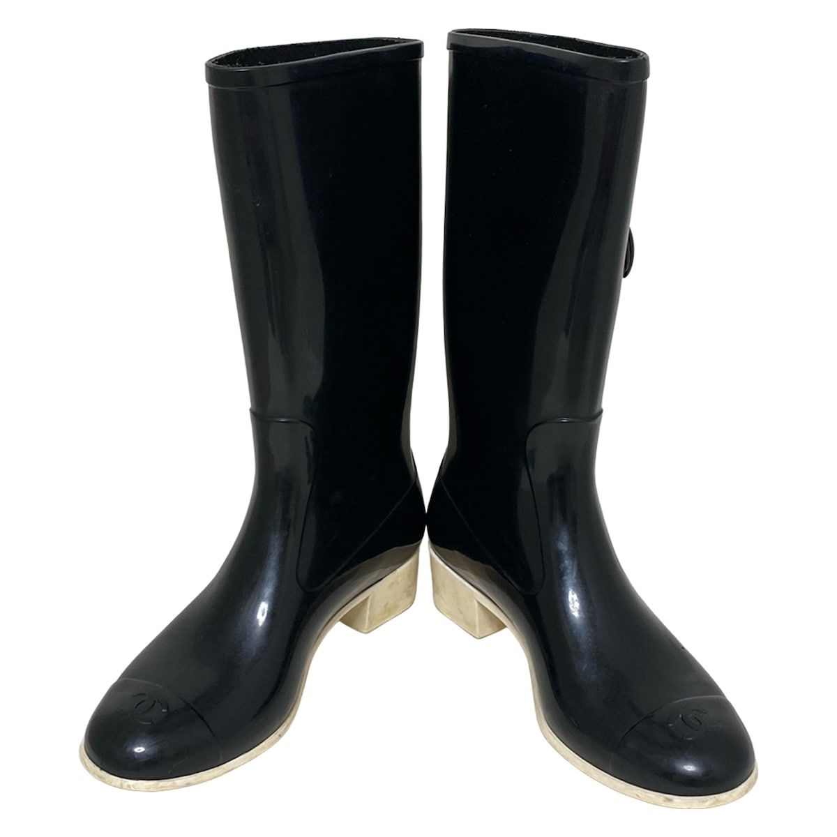 ■ 46552★年 シャネル レインブーツ ココマーク カメリア 38 CHANEL(シャネル) レインブーツ 38 レディース - 黒×アイボリー
