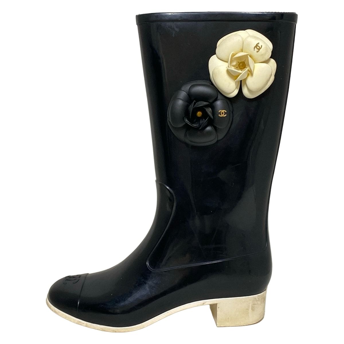 CHANEL(シャネル) レインブーツ 38 レディース - 黒×アイボリー