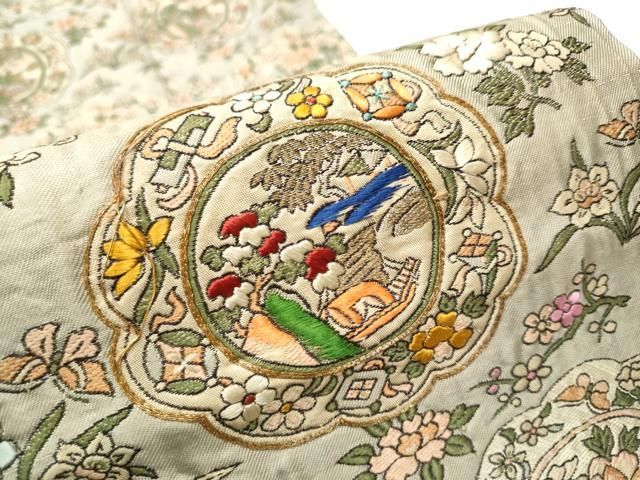 大正ロマン 丸帯 総手刺繍 駒刺繍 枝花文 金糸 引き抜き帯 正絹 逸