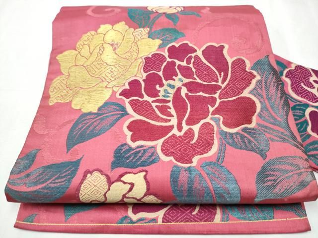 平和屋着物○アンティーク 大正ロマン 九寸名古屋帯 唐織 牡丹唐草文