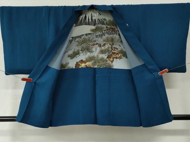平和屋着物○男性 色紋付 羽織セット 藍色 羽裏：遠山枝松葉 正絹 逸品
